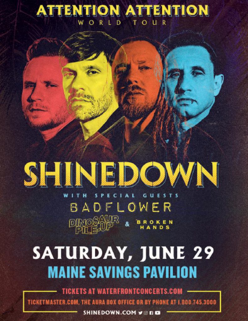 Poster for Shinedown tour stop in Westbrook, Maine on June 29th, 2019.