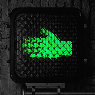 Help Us Stranger Album Artwork. Crosswalk Signal with green sideways hand.