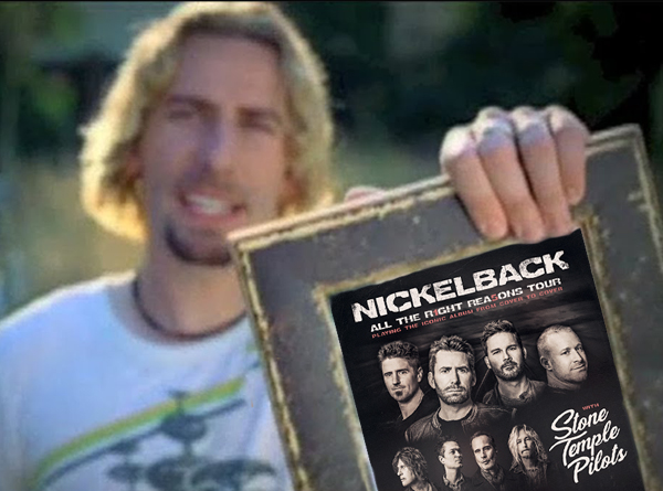 Chad Kroeger of Nickelback holding photo of tour poster