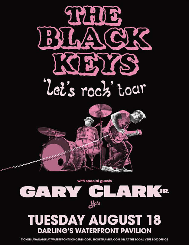 The Black Keys Let's Rock Tour poster. Black and pink photo of Dan Auerback and Patrick Carney performing.
