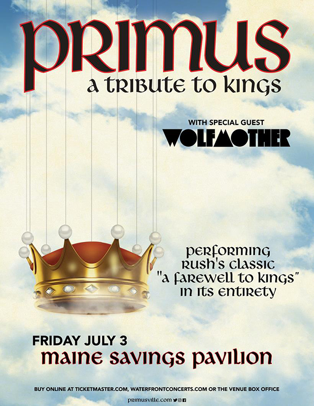 Primus A Tribute To Kings tour poster for July 3rd, 2020 in Westbrook, Maine. Illustration of a crown suspended by wires on a background of clouds.