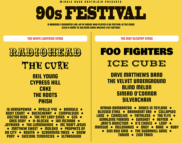 festival lineup of randomly generated bands from the 1990s.