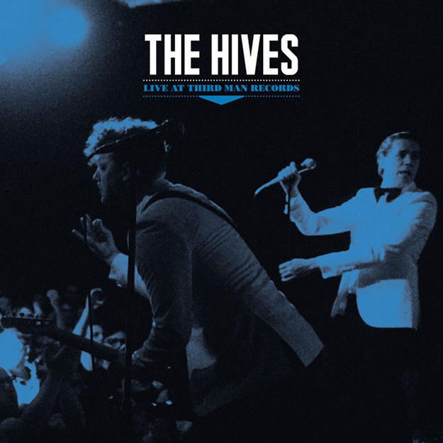 The Hives Live At Third Man Records album artwork blue image of the band  performing at Third Man records in white suits.