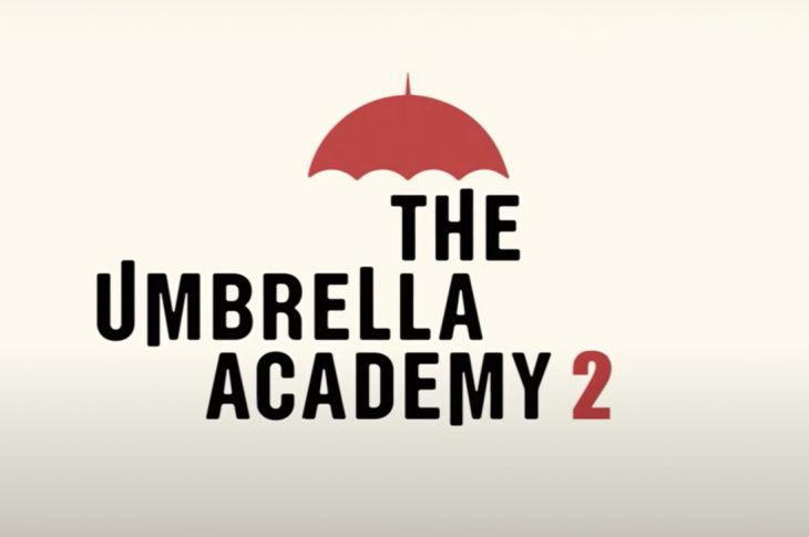 Umbrella Academy logo. Black text with red umbrella