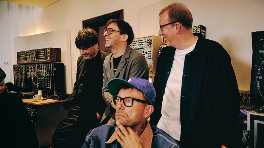 Photo of Blur in recording studio provided by Warner Records.