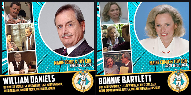 Photos of William Daniels and Bonnie Bartlett in shows like Boy Meets World, Better Call Saul, & Saint Elsewhere. 
