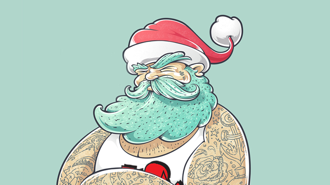 Illustration of tattooed Santa wearing white tank top