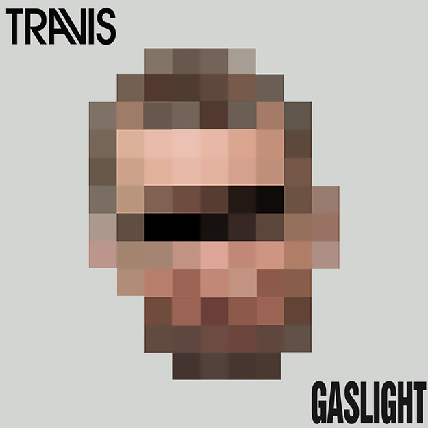 artwork of the Travis song "Gaslight". Heavily pixelated face on gray background.