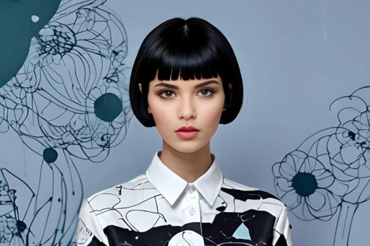 Woman in art-covered black and white blouse photographed against blue artistic background