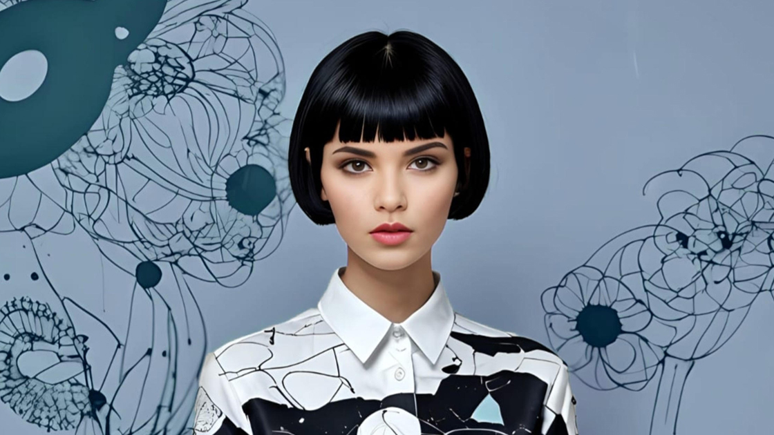 Woman in art-covered black and white blouse photographed against blue artistic background