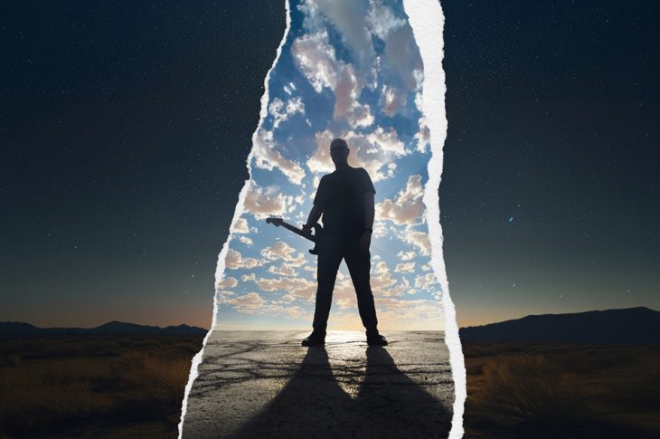 Man standing with guitar against cloud filled sky